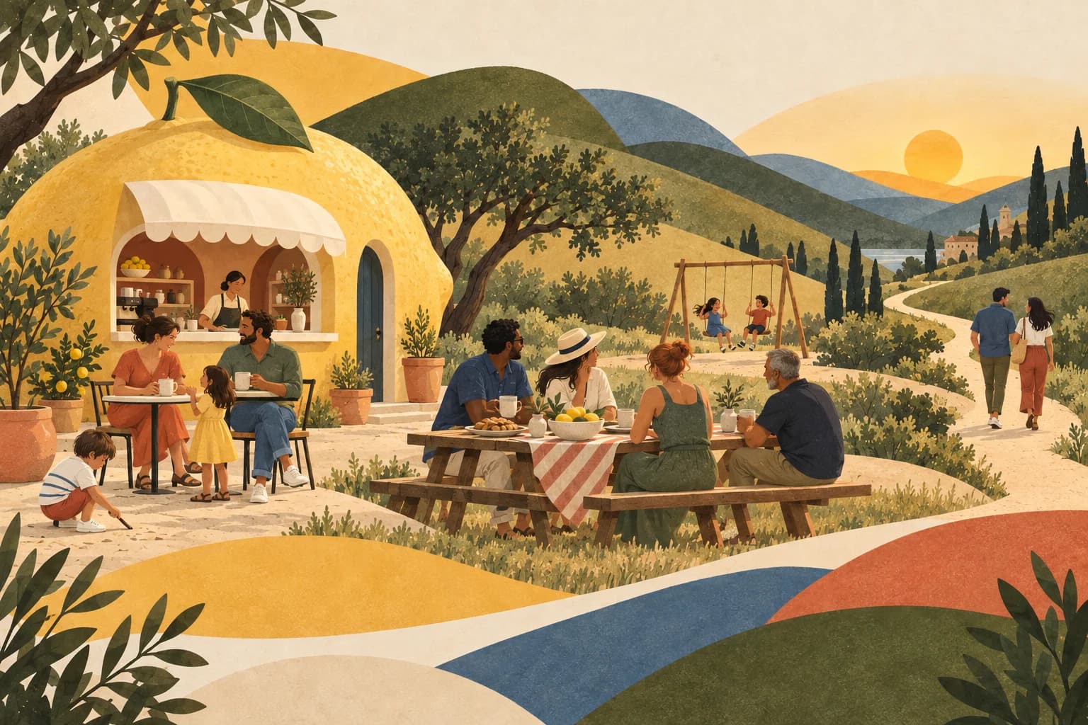 Families sharing coffee at a lemon-shaped café, children playing on swings, and friends walking a trail